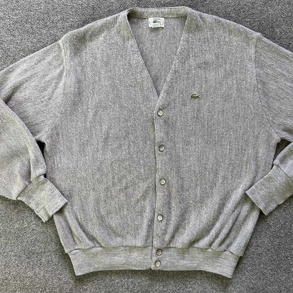 Izod Lacoste‎ Sweater Mens XL Gray Cardigan Orlon Acrylic Knit USA 80s Vintage